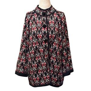 Dressbarn Woman BlackRed Floral Diamond Knit Button Front Cardigan Sweater 14/16